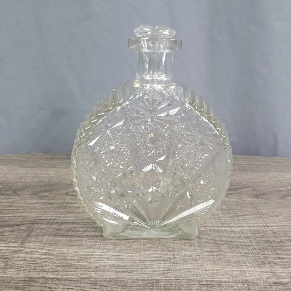 Vintage Clear Glass Decanter with Stopper Diamond Star Cut Pattern Liquor Bottle